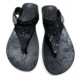 Brighton Black Laser-Cut Thong Sandals with Silver Accent